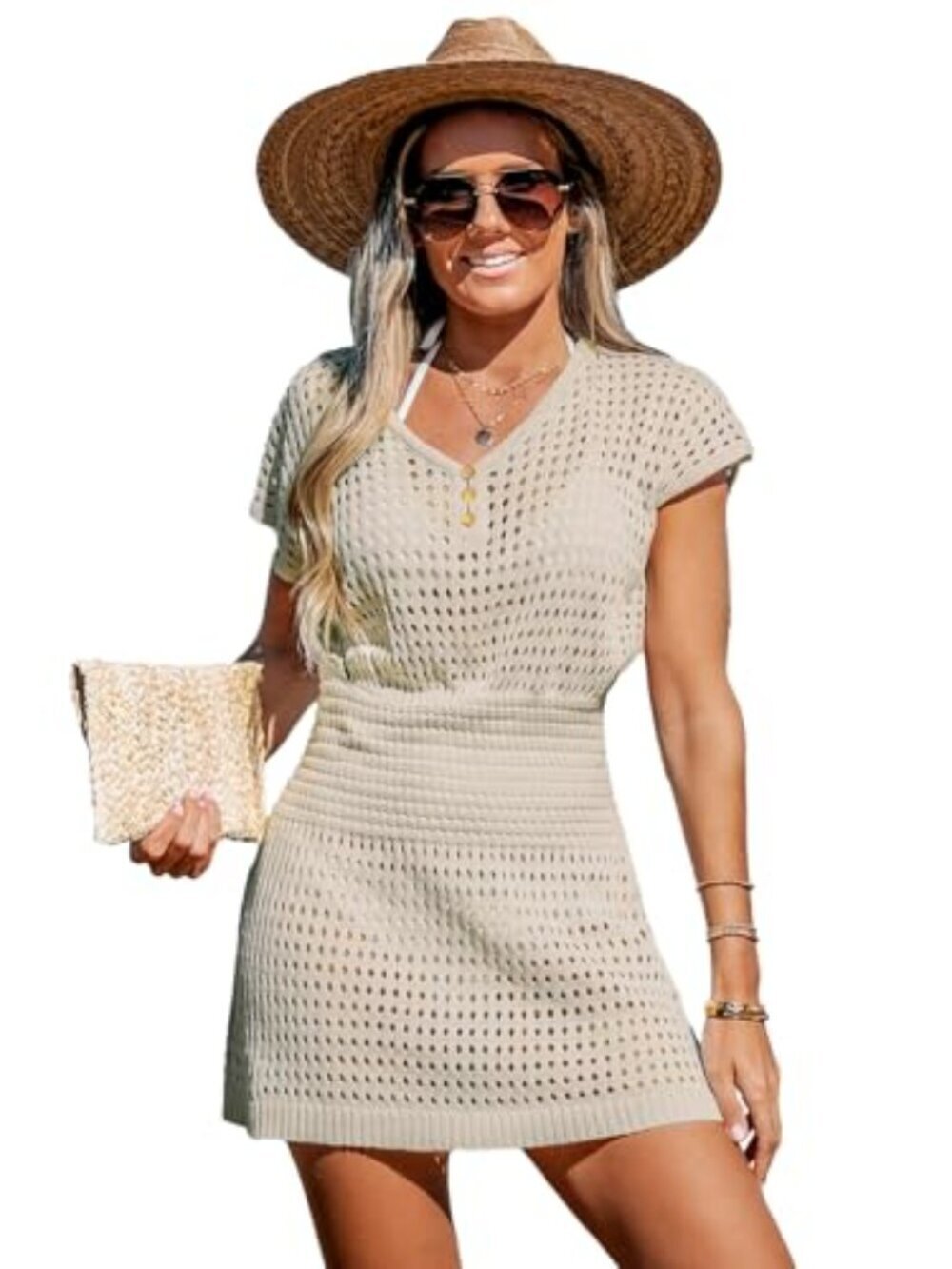 🆕 Women's Swimwear Cover Up Crochet Mini Dress V Neck Beachwear Short Sleeve